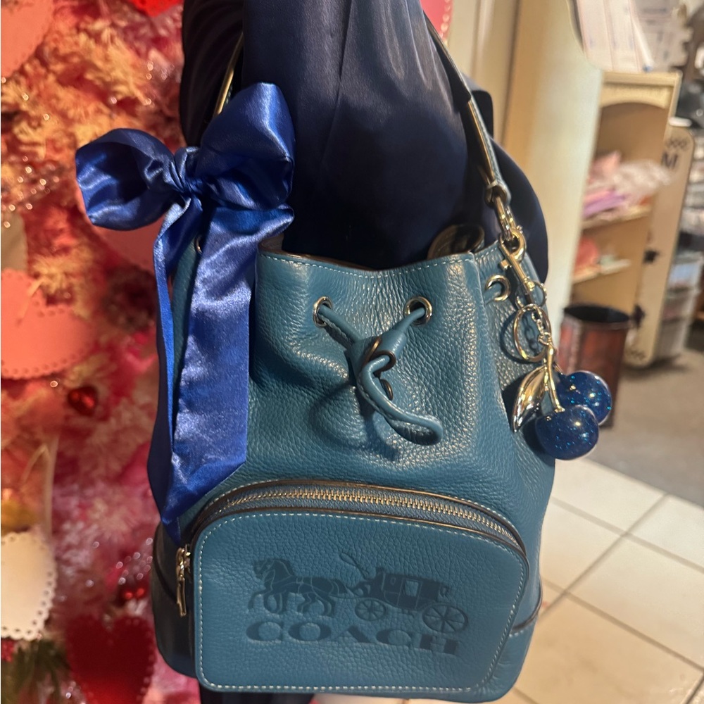 Coach Teal Leather Drawstring Backpack - image 2